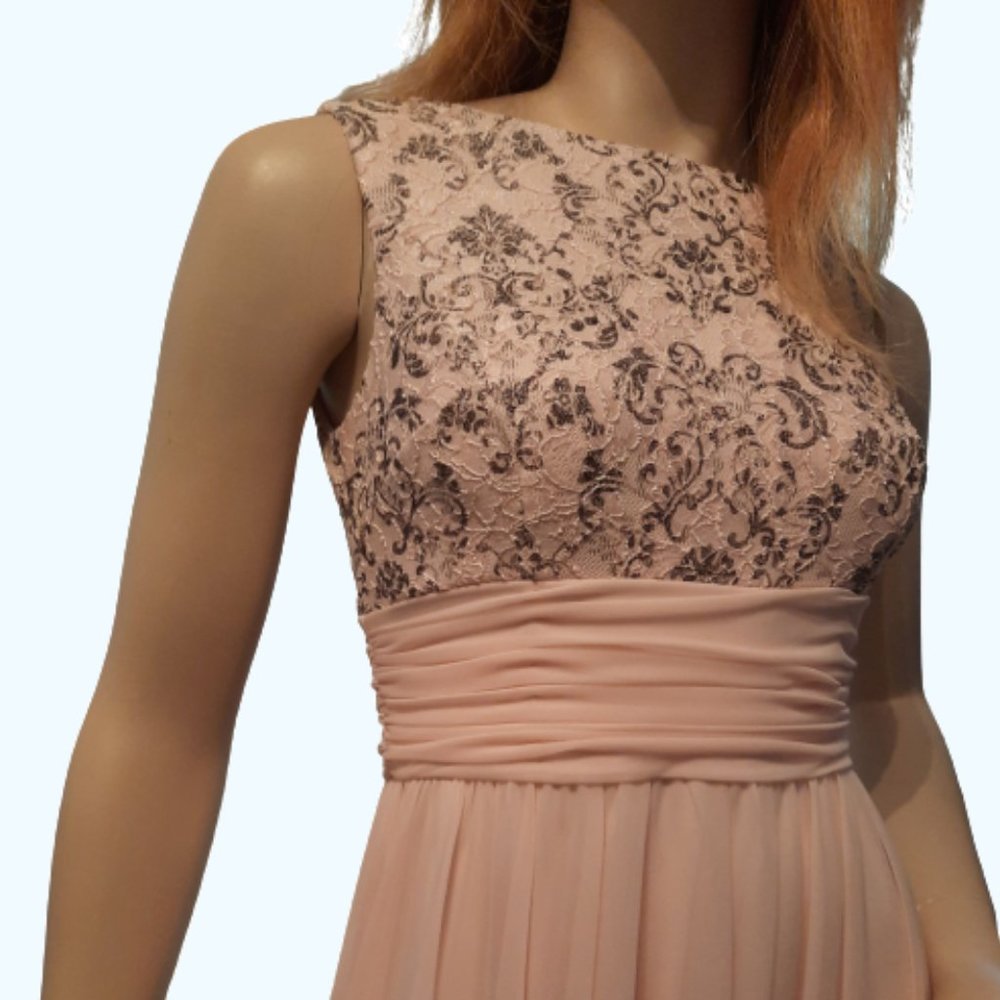 JH evenings dress size 4, light peach with silver metallic lace accent.